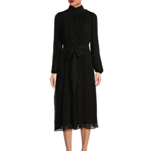 Alex Marie Black Ruffled Chiffon Midi Dress Long Sleeve Rhinestones Size 10